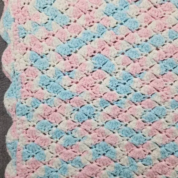Hand Knit Crochet Blanket Baby Blue Pink White Afghan Throw 31" x 52" - Picture 2 of 6
